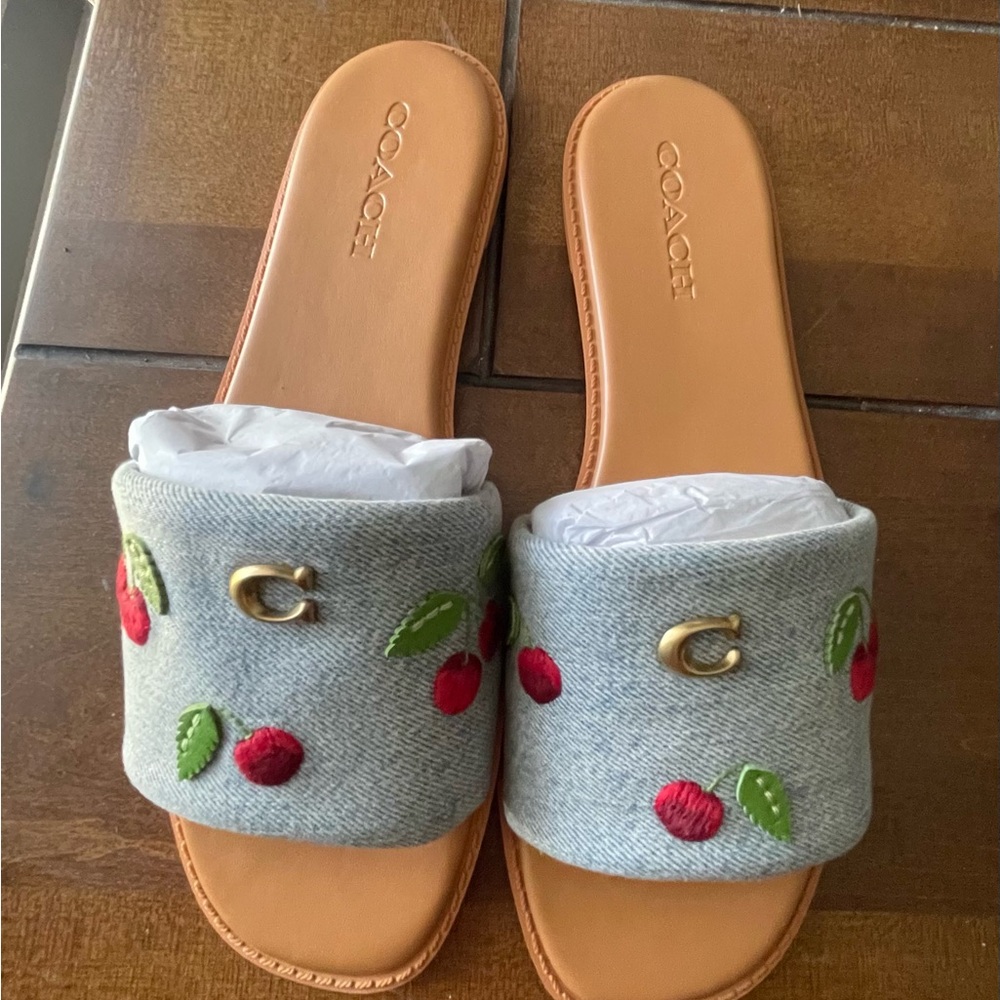Coach Denim Cherry Embroidered Slide Sandals - Tan Insole